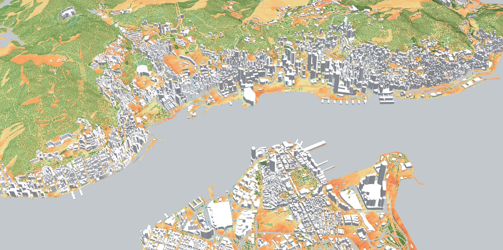 Climate simulation across Hong Kong harbour, with buildings, trees and surface results